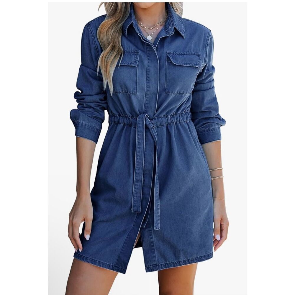 New Denim Long Sleeve Button Down Pockets Mini Dress L